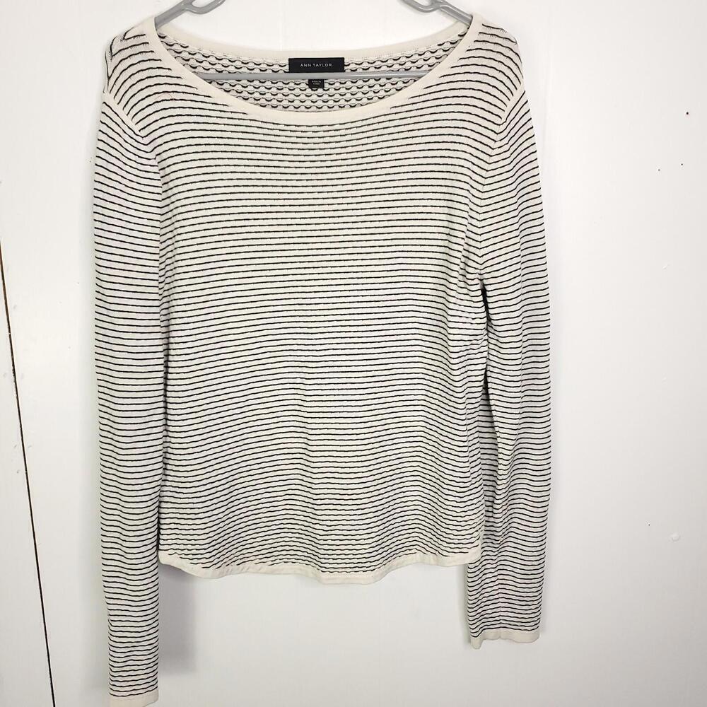 Ann Taylor Shirt Womens L Wide Boat Neck Striped Textured Hip Length Long Sleeve